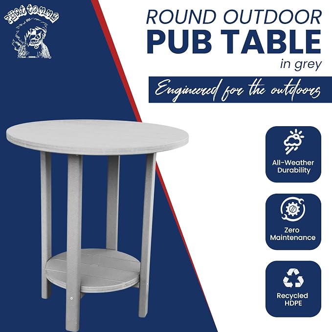 Phat Tommy Round Bar Height Patio Table - Outdoor Bar Table - Balcony Height Patio Furniture for Your Deck - Poly Outdoor Furniture, Grey