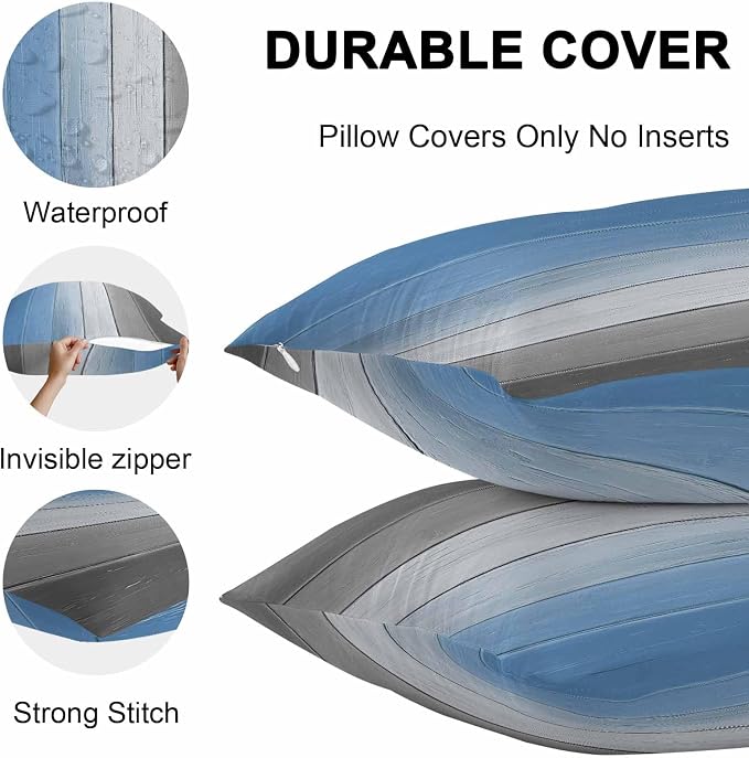 Throw Pillow Covers 24x24 Inch Set of 2, Blue Gray Ombre Waterproof Outdoor Cushion Covers, Vintage Country Wooden Decorative Pillowcases for Couch, Sofa, Bed, Garden, Patio