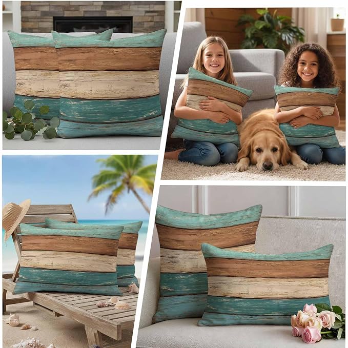 Outdoor Throw Pillows Covers 16X16 Set of 2 Waterproof Teal Turquoise Green Brown Decorative Zippered Cushion Covers for Patio Furniture, Farmhouse Retro Rustic Barn Wood Texture Lumbar Pillowcases