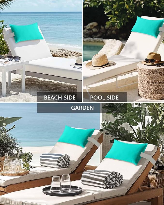 Outdoor Pillow for Lounge Chair with Strap & Insert Teal Green Pattern Recliner Head Pillow Pure Colour Waterproof Headrest Patio Lumbar Pillows for Beach Pool Office Chaise Chair 11x16 Inch