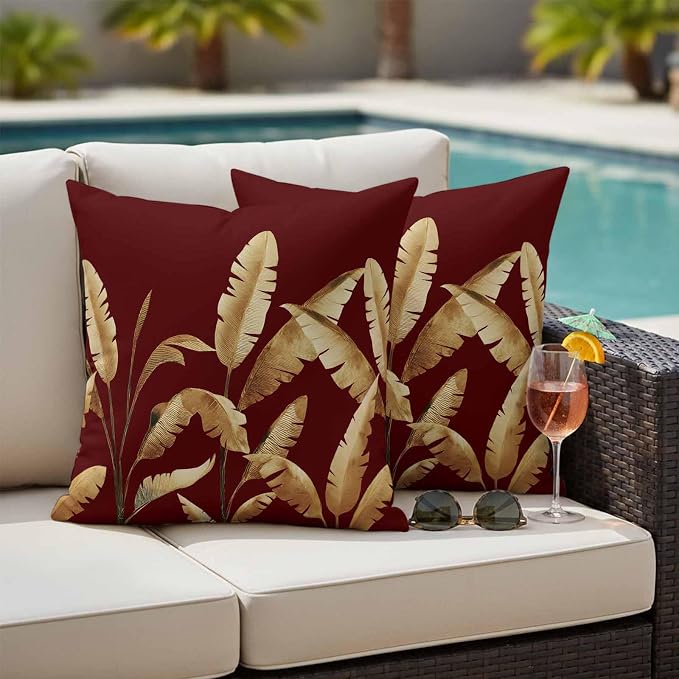 Waterproof Throw Pillow Covers 18x18 Set of 2, Golden Tropical Leaves on Burgundy Red Outdoor Pillowcases with Invisible Zipper, Abstract Foliage Leaf Decorative Cushion Covers for Patio Garden Sofa