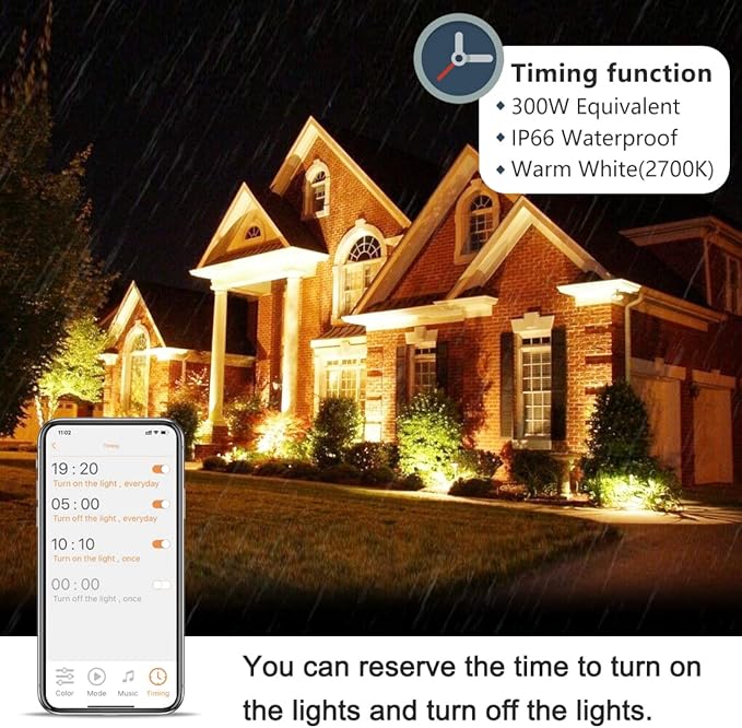 Led Flood Light 30W, 300W Equivalent 3000 LM Outdoor Color Changing Lights | 2700K & 16 Million Colors&Timing& Music Sync, Bluetooth RGBW Smart Floodlights，Led Stage Landscape，IP66 US 3-Plug (6 Pack)
