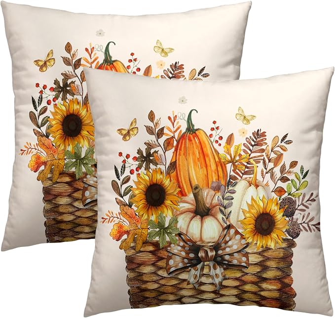 Farmhouse Fall Throw Pillow Covers Set of 2-20x20 Inch Pumpkin Sunflower Floral Leaves Basket Cotton Square Pillowcases for Sofa Bed Couch Porch Porch Garden Chairs Home Decor