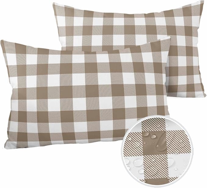 Outdoor Waterproof Throw Pillow Covers Set of 2 Light Brown Buffalo Check Plaid Lumbar Pillowcases 20x12 Inches Farmhouse Style Patio Decorative Pillows Cushion Case Patio Pillows for Couch Bed Garden