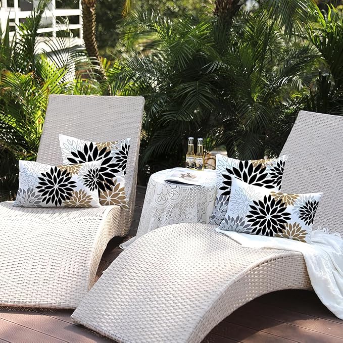 DFXSZ Outdoor Waterproof Pillow Covers 12x20 Set of 2 Black Brown Flower | Spring Summer Waterproof Flower Throw Pillowcases（No Inserts）Outdoor Decor for Patio Funiture Garden Polyester Covers