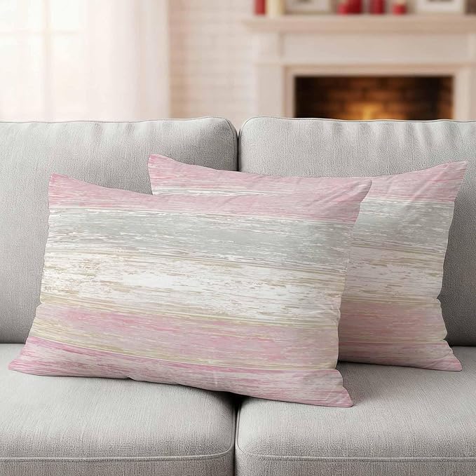 Outdoor Waterproof Throw Pillow Covers, Vintage Pink Grey Decorative Pillow Cases, Farmhouse Barn Wooden Striped Couch Pillow Protector Patio Sofa Cushion Covers Replacement 20"x12" 2 Pack