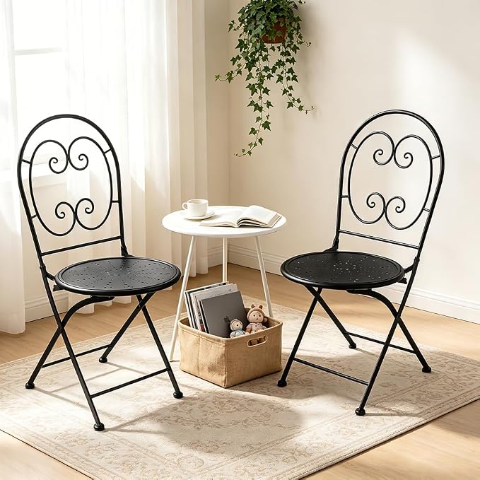 Folding Patio Chairs Set of 2 Mosaic Bistro Chair Outdoor Seating | Garden Patio Furniture Seating Heavy Duty Metal Frame Dining Chairs for Lawn Yard Balcony Porch Backyard Poolside