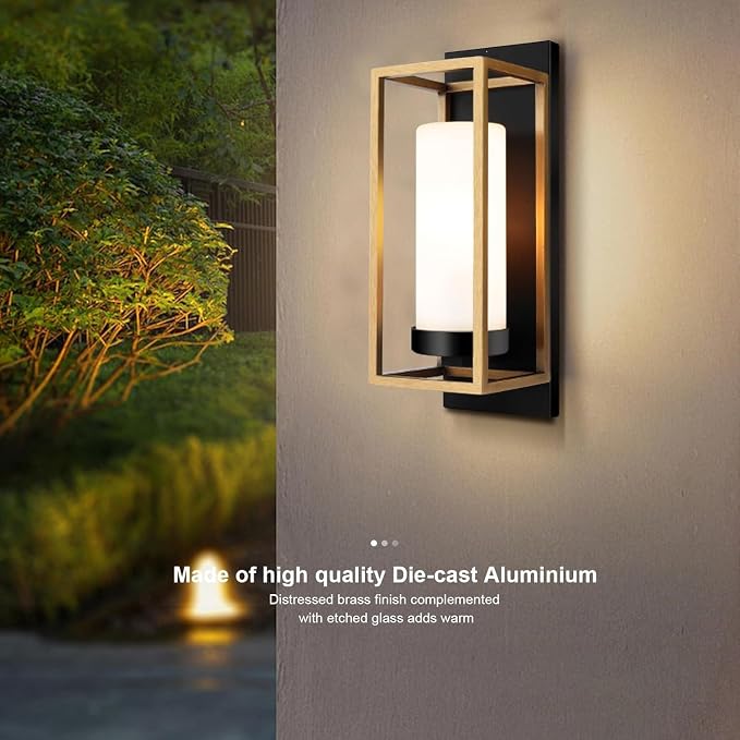 ALVIME Black and Gold Wall Sconce Set of 2, Modern Outdoor Wall Lights, Hardwired Exterior Porch Light Fixtures, Waterproof Front Door Lighting, E26 Base for House Garage Patio