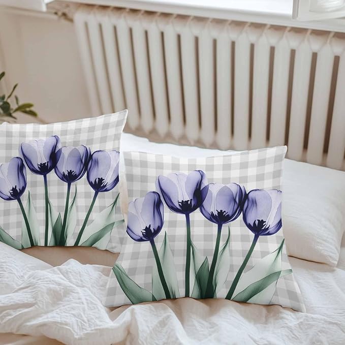 Light Purple Tulip Waterproof Outdoor Pillow Covers Set of 2 Home Decor, Farmhouse Flowers Grey Checkered Pillowcase Patio Pillow Covers for Couch Bench Furniture Garden 16x16in