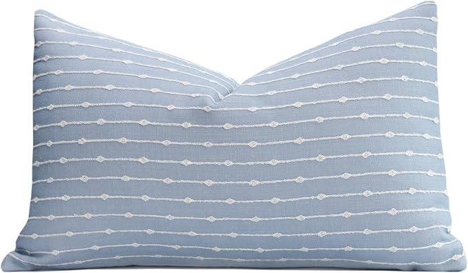 Coastal Linen Indoor Outdoor Lumbar Pillow Cover Only, 12"x20" Water Repellent for Patio, Backyard, Couch, Light Blue Embroidered Stripes
