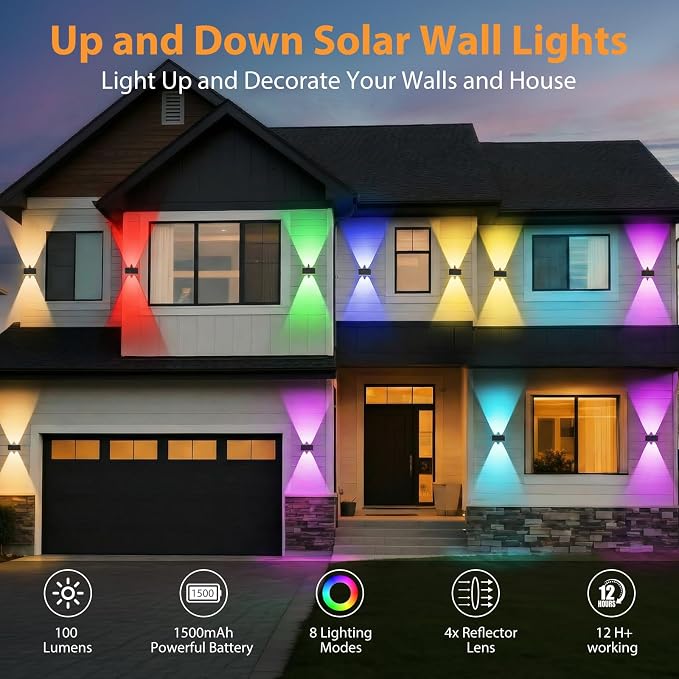 2PACK Solar Wall Lights Outdoor ,8 Lighting Modes Up and Down Solar Sconce Lights Dusk to Dawn Lighting IP65 Waterproof Solar Lights Outdoor for House Exterior Front Porch Garage Fence Patio Yard
