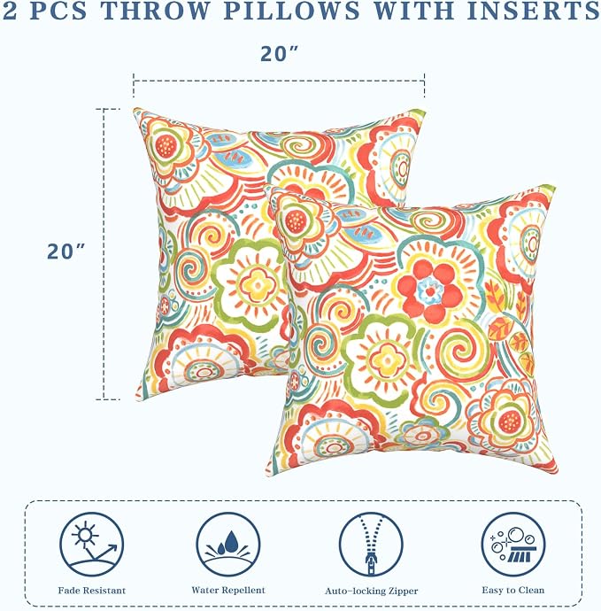 LVTXIII Outdoor Throw Pillows, Decorative Throw Pillows with Inserts, 20"x20" Square Pillows for Bed, Couch, Sofa and Patio Furniture, Set of 2, Flower Multi