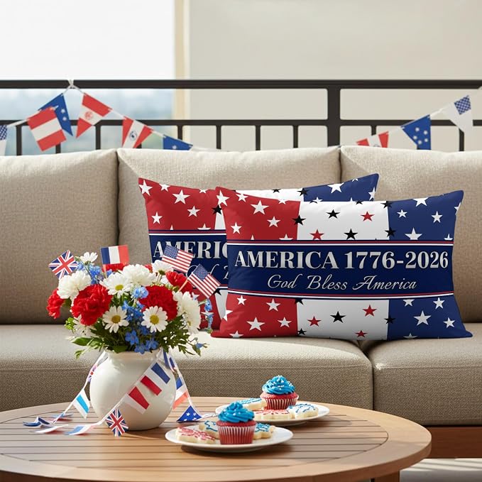 America 250th Anniversary Outdoor Pillow Covers 20"x12" Set of 2, God Bless America Patriotic Star Strip Waterproof Throw Pillow Covers for Patio Furniture, Decorative Cushion Covers for Porch