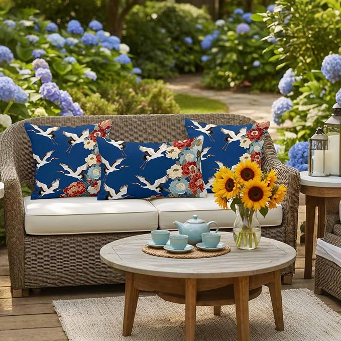 Japanese Style Outdoor Pillow Covers 20x20 Inch Throw Pillow Covers Set of 2 Waterproof Decorative Pillow Cases Blue Rustic Botanical Blossom Peony Birds Cushion Covers for Patio Furniture Garden
