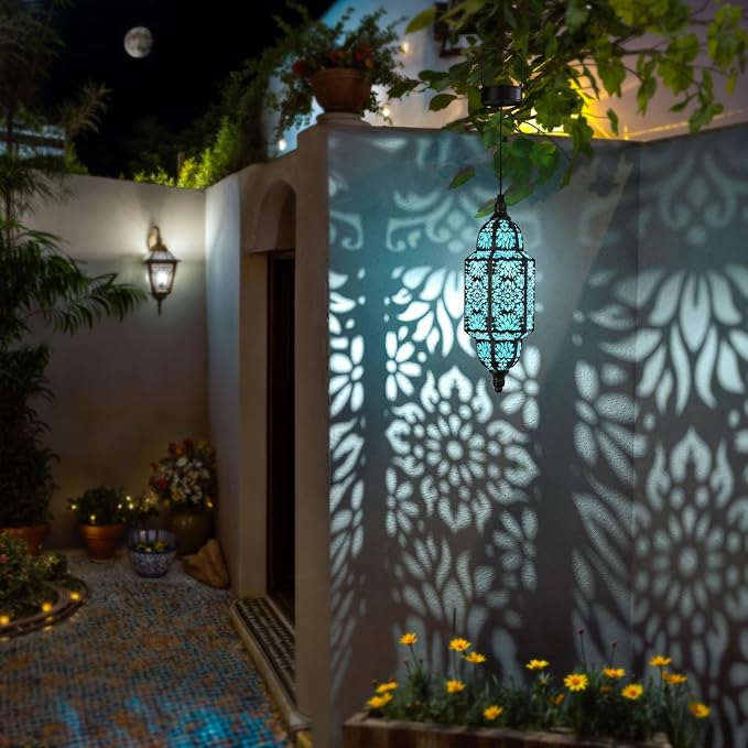Twinkya 2 Pack Hanging Solar Lights Outdoor Garden Decorative Solar Lantern Waterproof Metal Moroccan Outdoor Decorations for Patio Pathway Yard Porch Backyard Garden Decor (Black, 2 Pack)