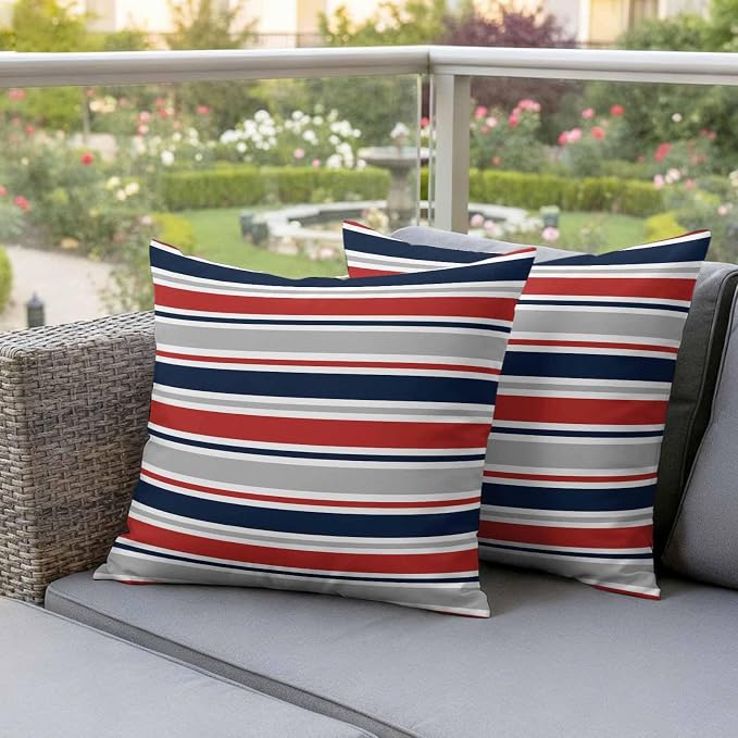 Outdoor Pillow Covers 26 x 26 Inches, Red Navy Blue Striped Waterproof Throw Pillow Cover Set of 2, Farmhouse Stripes Modern Abstract Art Decorative Square Cushion Covers for Patio/Couch/Garden