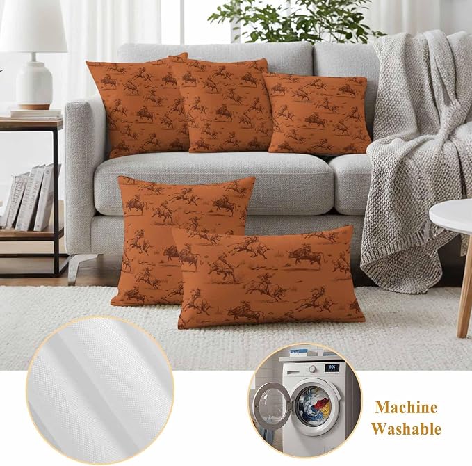 Western Cowboys Outdoor Pillow Covers Waterproof, All Weather Cushion Case Set of 2, Orange Vintage Country Nature Scenery Decorative Pillowcases for Sofa Couch Bed Decor Patio Furniture 20"x20"