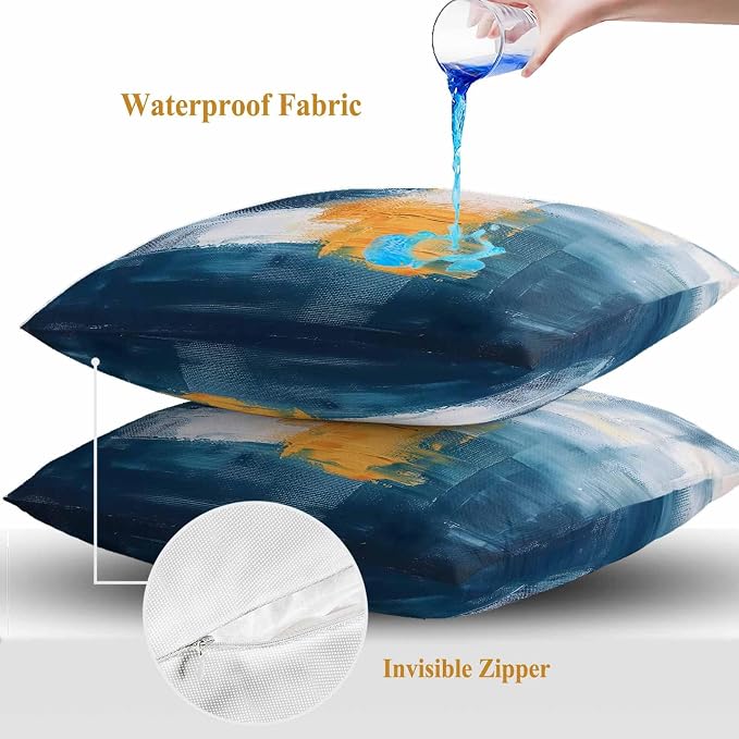 Blue Yellow Outdoor Waterproof Throw Pillow Covers Set of 2, 16"x16", Abstract Oil Painting Decorative Pillow Covers Outside Cushion Case for Patio Porch Garden