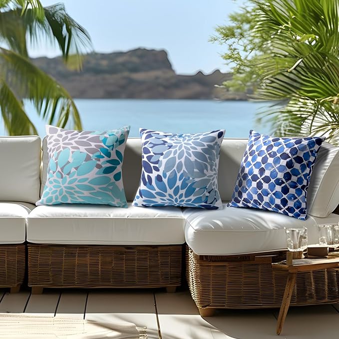 18x18 Waterproof Outdoor Pillows, Set of 2 Outdoor Throw Pillows | Patio Furniture Pillows, Fluffy Decorative Pillows, Waterproof &Fade Resistant, Removable & Washable, Blue Color