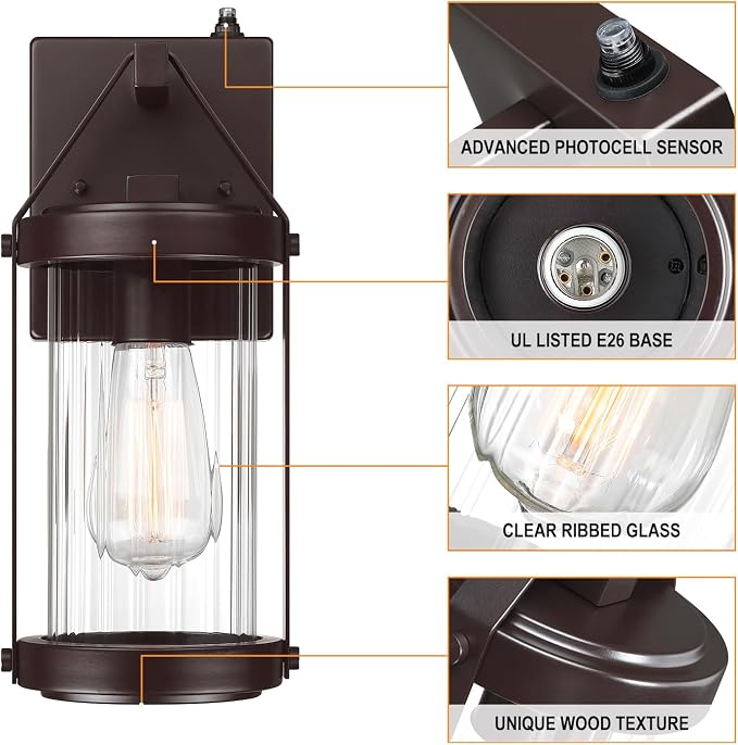 2 Pack Dusk to Dawn Sensor Brown Outdoor Wall Sconce Lightings | Waterproof Exterior Porch Lantern Rustic Outside Garage Light Fixtures Wall Mount for House Patio Front Door