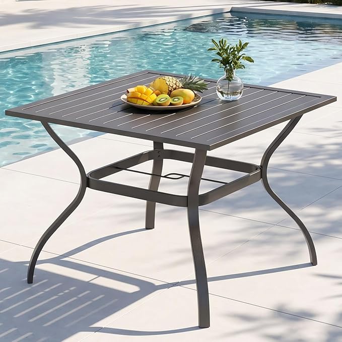 PHI VILLA 37 Inch Outdoor Dining Table Metal Steel Slat Square Patio Dining Table with 1.57" Umbrella Hole for Garden, Backyard and Porch (Classic Black)