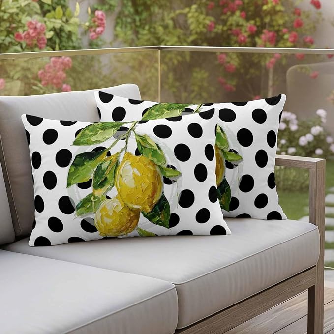 Waterproof Pillow Covers Set of 2,Summer Lemon Polka Dot Outdoor Pillow Protectors with Zipper Pillowcases for Patio Tent Garden Beach 20x12 Inches Country Fruit Oil Painting Style