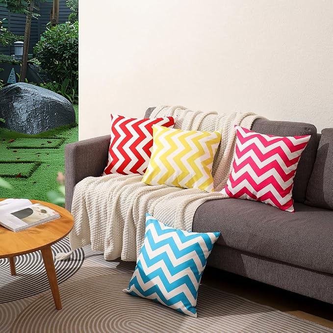 WEMEON Outdoor Waterproof Pillow Covers18x18in Set of 4, Solid Color Pillows Decorative Square Patio Furniture Pillows for Couch Patio Balcony Tent Garden(Red/Teal/Blue)