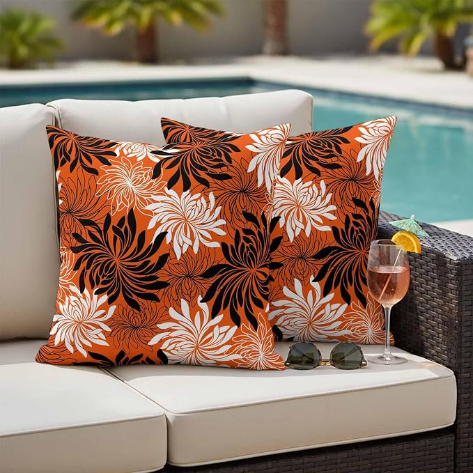 Yukro Orange Black Floral Outdoor Waterproof Pillow Covers Pack of 2, Vintage White Black Flower Orange Decorative Throw Pillowcases Cushion Covers for Garden Patio Tent Sofa Couch, 26x26 inch
