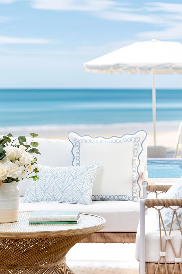 Hofdeco Premium Coastal Patio Indoor Outdoor Lumbar Pillow Cover Only, 12"x20" Water Repellent for Backyard, Couch, Baby Blue Print Geometric Leafs