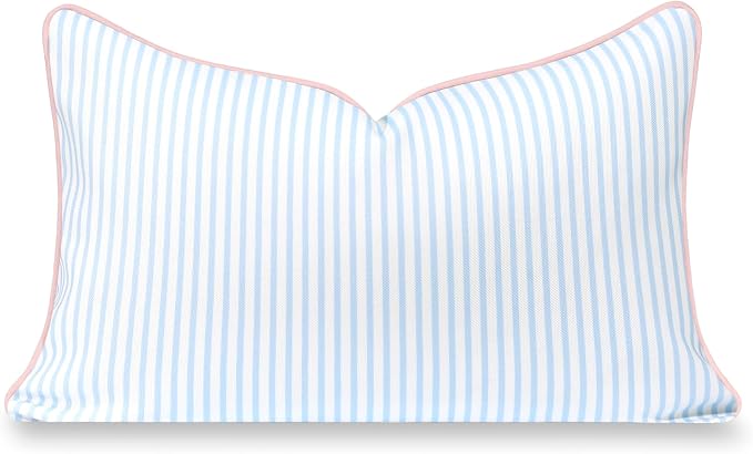Hofdeco Premium Coastal Grandmillennial Patio Indoor Outdoor Lumbar Pillow Cover Only, 12"x20" Water Repellent for Backyard, Couch, Poolside, Baby Blue Pink Print Stripes