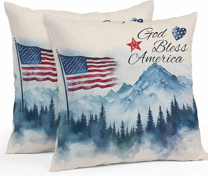 4th of July Outdoor Pillow Covers 20x20 Inch Throw Pillow Covers Set of 2 Waterproof Decorative Pillow Cases Independence Day American Flag Forest Cushion Covers for Patio Furniture Garden Couch Sofa