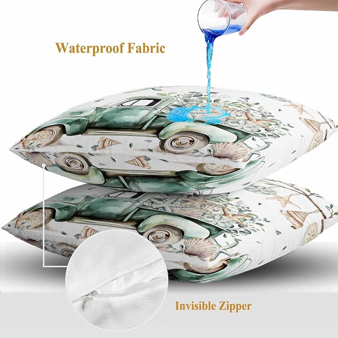 Sage Green Truck Outdoor Waterproof Throw Pillow Covers Set of 2, 20"x20", Ocean Starfish Shell Summer Leaf Decorative Pillow Covers Outside Cushion Case for Patio Porch Garden