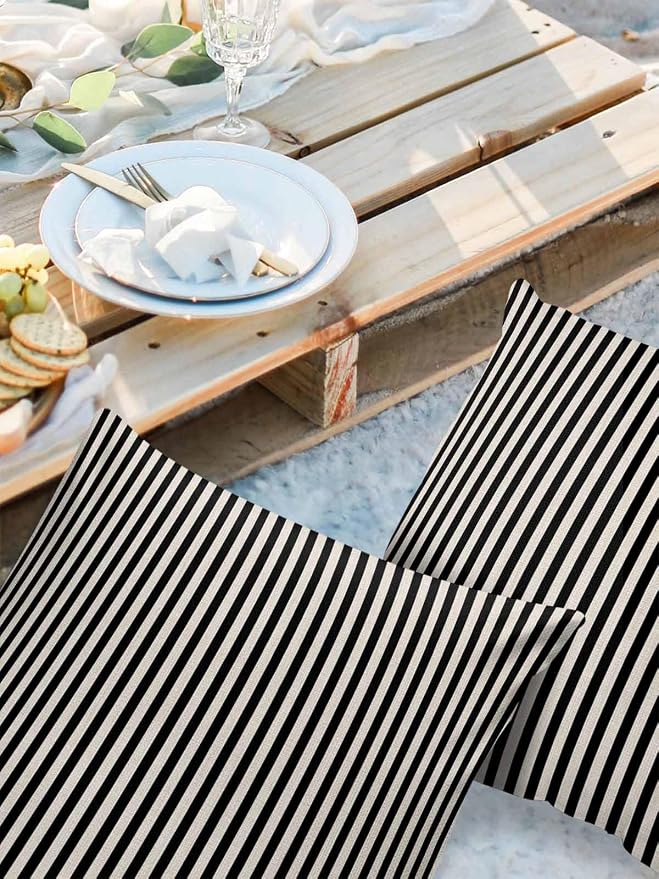 Outdoor Waterproof Throw Pillow Covers Set of 2 Black Stripes Pillowcases 24x24 Inches Linen Classic Vertical Striped Patio Decorative Pillows Cushion Case Patio Pillows for Couch Bed Chair Garden