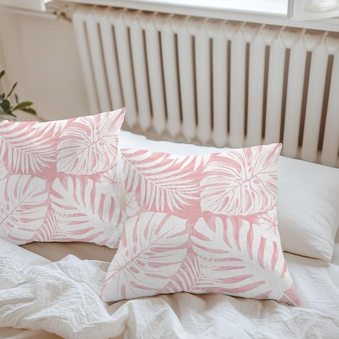 Pink Palm Leaves Outdoor Pillow Covers 26"x26" Set of 2, Tropical Botanical Modern Minimalist Waterproof Throw Pillow Covers for Patio Furniture, Decorative Cushion Covers for Porch
