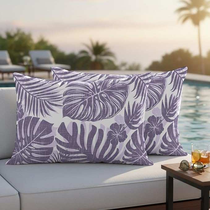 Purple Palm Leaves Outdoor Pillow Covers 20"x12" Set of 2, Tropical Botanical Minimalist Modern Waterproof Throw Pillow Covers for Patio Furniture, Decorative Cushion Covers for Porch