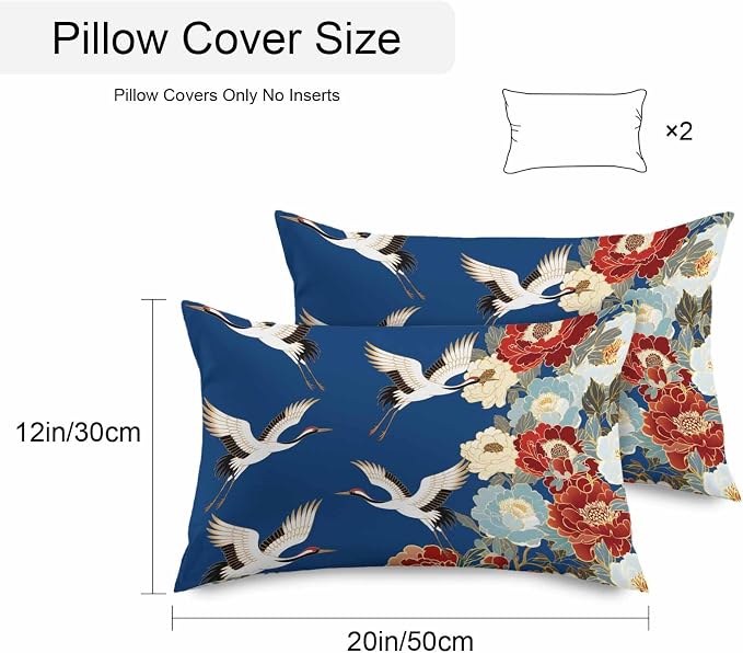 Japanese Style Outdoor Pillow Covers 20x12 Inch Lumbar Pillow Covers Set of 2 Waterproof Decorative Throw Pillow Cases Blue Rustic Botanical Blossom Peony Birds Cushion Covers for Patio Furniture