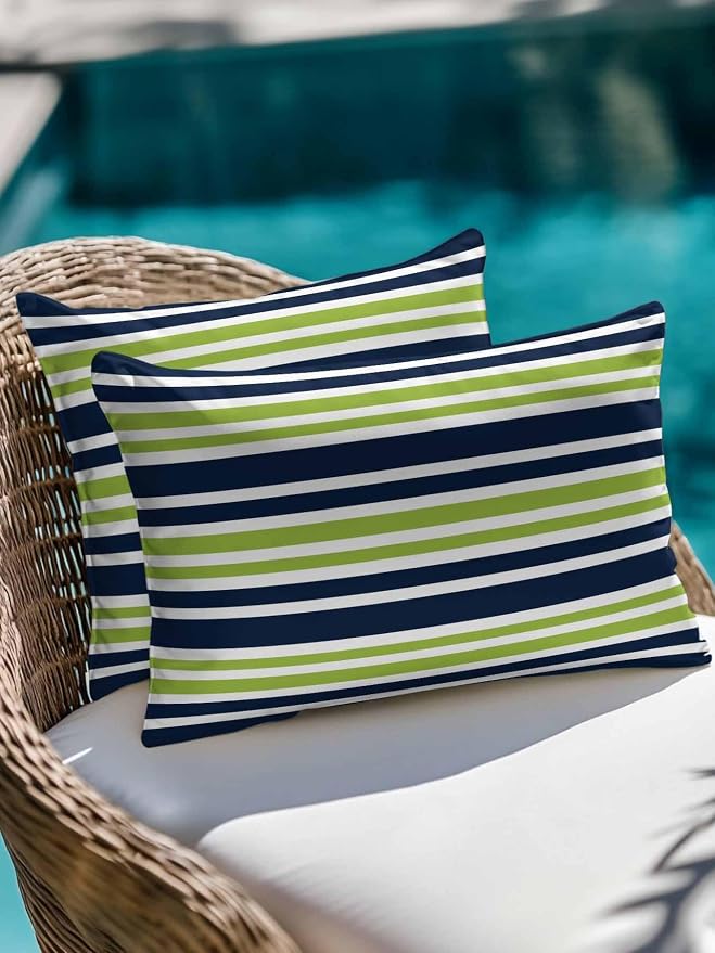 Outdoor Waterproof Throw Pillows Navy Blue Green Stripe Patio Pillows,Decorative Pillow Covers with Insert,Pillow Cushion Case for Garden Couch Sofa White Line