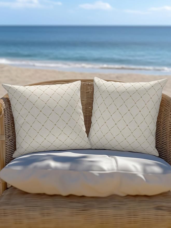 Waterproof Outdoor Pillow Set of 2 Beige Grid Plaid Decorative Throw Pillows Cover & Insert 16x16 Inch Pillowcase Diagonally Crossed Lines Pillows for Couch Sofa Bed Patio Furniture Indoor Outdoor