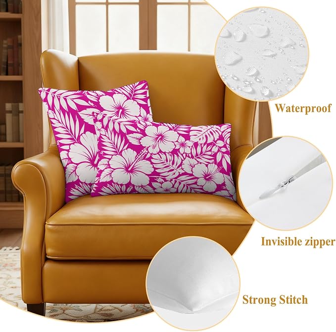 Pink Hibiscus Flowers Waterproof Outdoor Pillow Covers Set of 2 Home Decor, Tropical Monstera Leaves Lumbar Pillowcase Patio Pillow Covers for Couch Bench Patio Furniture Garden 20x12in