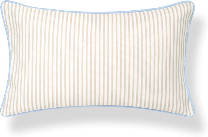 Hofdeco Premium Coastal Hampton Patio Indoor Outdoor Lumbar Pillow Cover Only, 12"x20" Water Repellent for Backyard, Couch, Poolside, Neutral Tan Blue Print Stripes