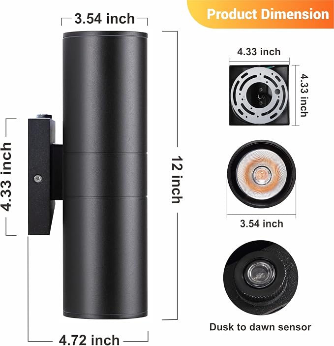 DAKAFUL Dusk to Dawn Outdoor Lighting Sensor Wall Lights 1 Pack, 12W 2700K Integrated LED Cylinder Up Down Lights Outdoor, IP65 Waterproof Aluminum Wall Sconce Exterior Wall Light for Porch Patio etc.