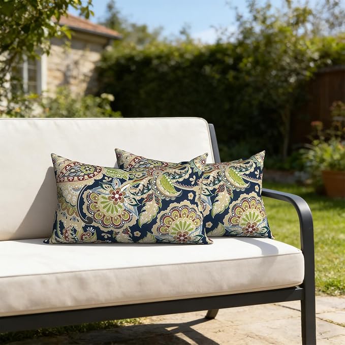 Outdoor Lumbar Pillows with Insert 12x20 Inch, Waterproof Throw Pillow for Patio Furniture, Decorative Lumbar Cushions for Garden Home Sofa Office Chair, Set of 2, Paisley Sapphire Blue