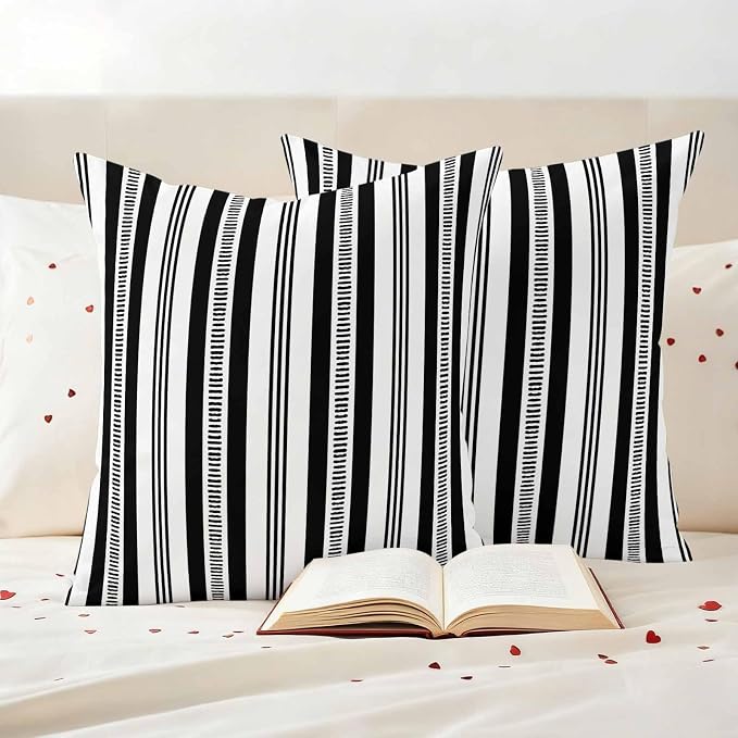 Black Striped Outdoor Waterproof Pillow Covers, Farmhouse Stripes Modern Geometric Decorative Square Throw Pillowcase Sofa Cushion Sham for Patio/Couch/Chair, 24"x24" 2 Pack
