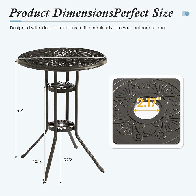 Patio Dining Table,Cast Aluminum Patio Tables with Umbrella Hole, Outdoor Bistro Table for Backyard, Garden, Patio (30" Round Table)