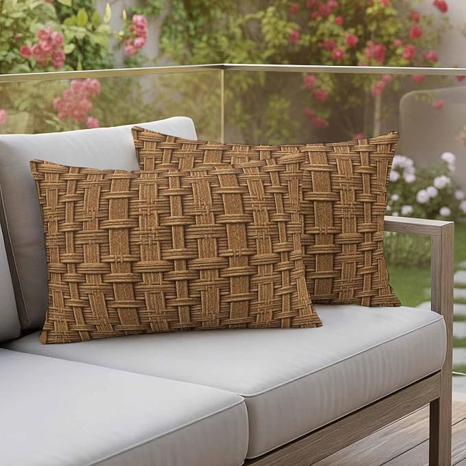 Vintage Rattan Waterproof Outdoor Pillow Covers 20''x12'' Set of 2, Minimalist Abstract Wicker Texture Brown Patio Furniture Cushion Covers for Chairs, Decorative Pillow Cases for Garden/Pool/Beach