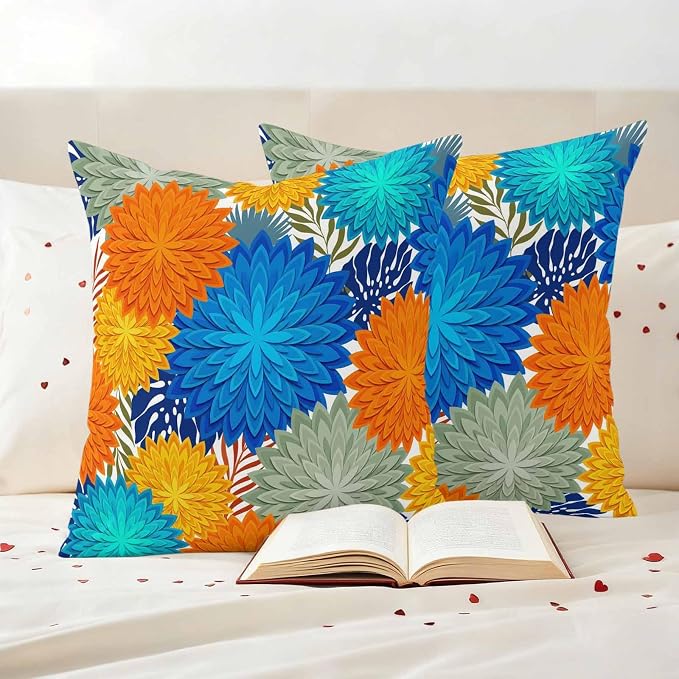 Blue Sage Green Flowers Outdoor Pillow Covers Waterproof, All Weather Cushion Case Set of 2, Boho Colorful Floral Plant Decorative Pillowcases for Sofa Couch Bed Decor Patio Furniture 18"x18"