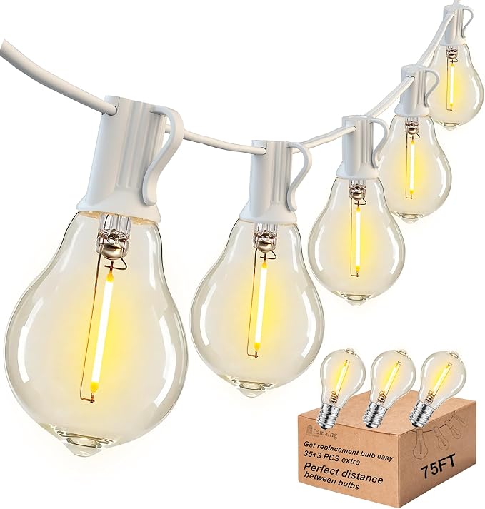 White Outdoor String Lights 75FT Waterproof Lighting for Patio Wedding Yard | 2FT Bulbs Apart White Cord, 75FT Connectable Outdoor Lights with 38 Shatterproof Dimmable LED Bulbs for Garden Bistro Balcony