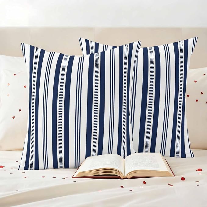 Navy Blue Striped Outdoor Waterproof Pillow Covers, Farmhouse Stripes Modern Geometric Decorative Square Throw Pillowcase Sofa Cushion Sham for Patio/Couch/Chair, 26"x26" 2 Pack