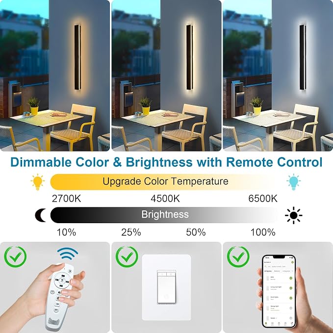 24inch Modern Outdoor Wall Light, 2700k-6500k Dimmable Outdoor Wall Sconce Black Exterior Lights Wall Mount with Remote Control, IP65 Waterproof Anti-Rust Linear Long Porch Lights Outside