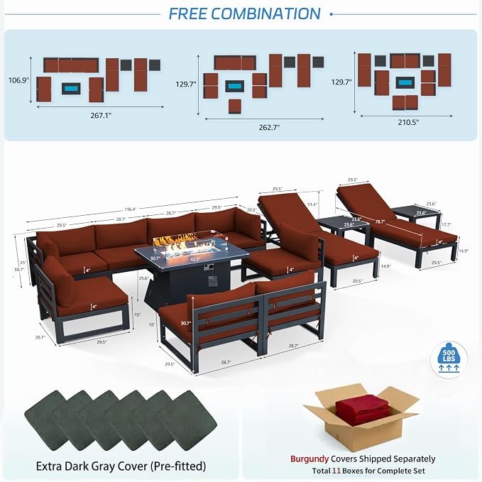 NICESOUL 13 Pcs Aluminum Patio Sectional Furniture Set with Lounge Chair & Fire Pit Table, 500 lbs Heavy Duty Anti-Rust Outdoor Couch, 29" Deep Wide Seat, High End Conversation Sofa for Poolside, Red